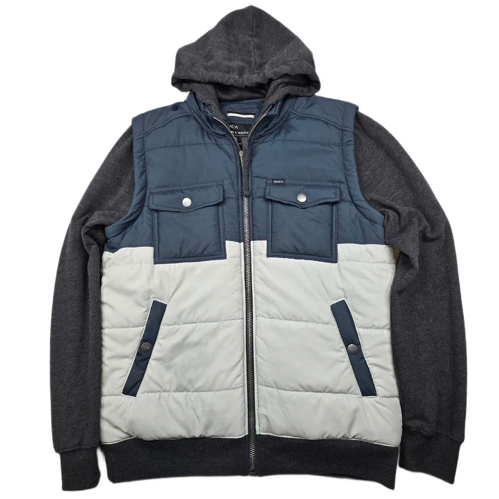 RVCA Hoodie Puffer Jacket Mens‎ Small Blue Grey Polyester Fleece Hooded Hybrid